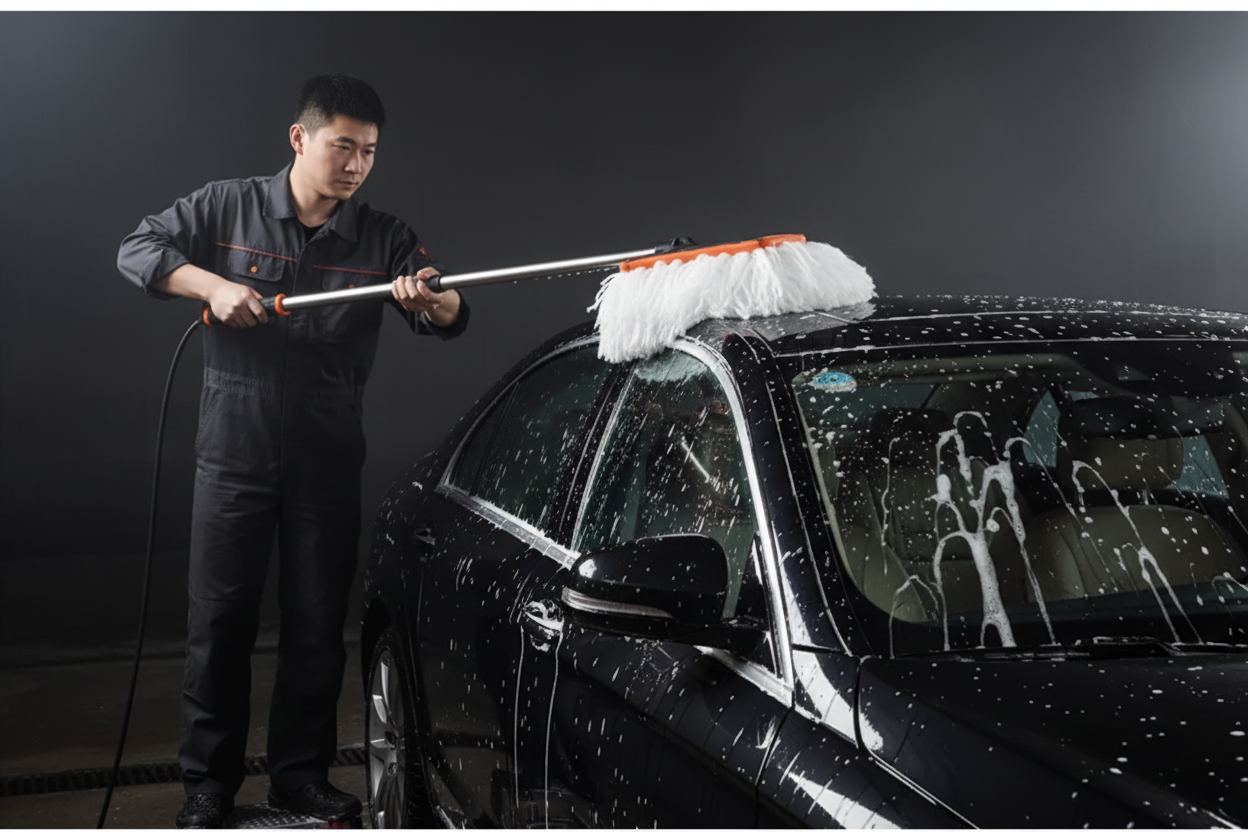 Brosse télescopique en action sur toit de voiture