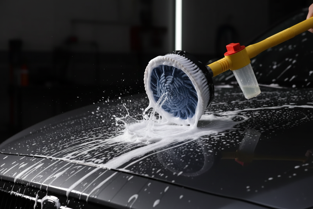 Brosse rotative en action avec mousse sur voiture