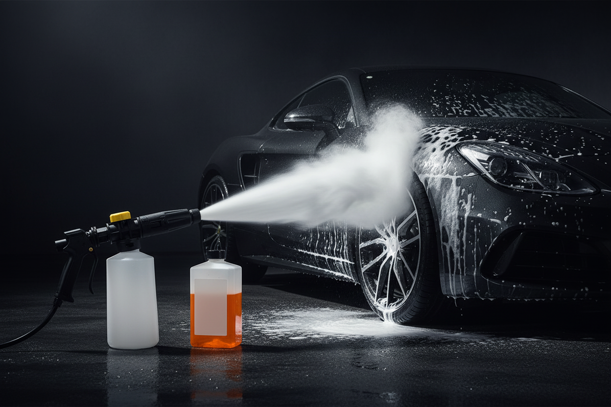 Canon à mousse en action avec shampoing orange sur voiture